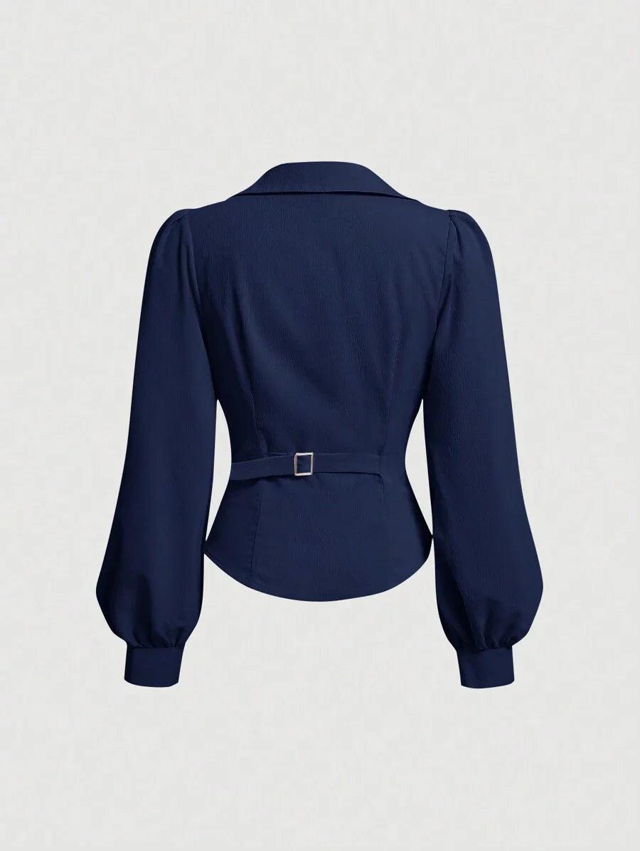 Buy SHEIN MOD Women's Elegant Solid Color Lantern Sleeve Pleated Slit Hem Blouse in Pakistan