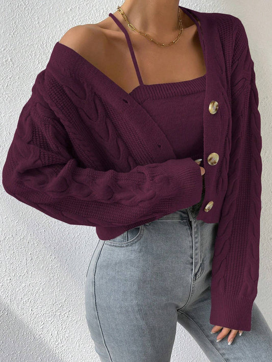 Buy SHEIN MOOSTA Cable Knit Drop Shoulder Cardigan & Cami Knit Top in Pakistan