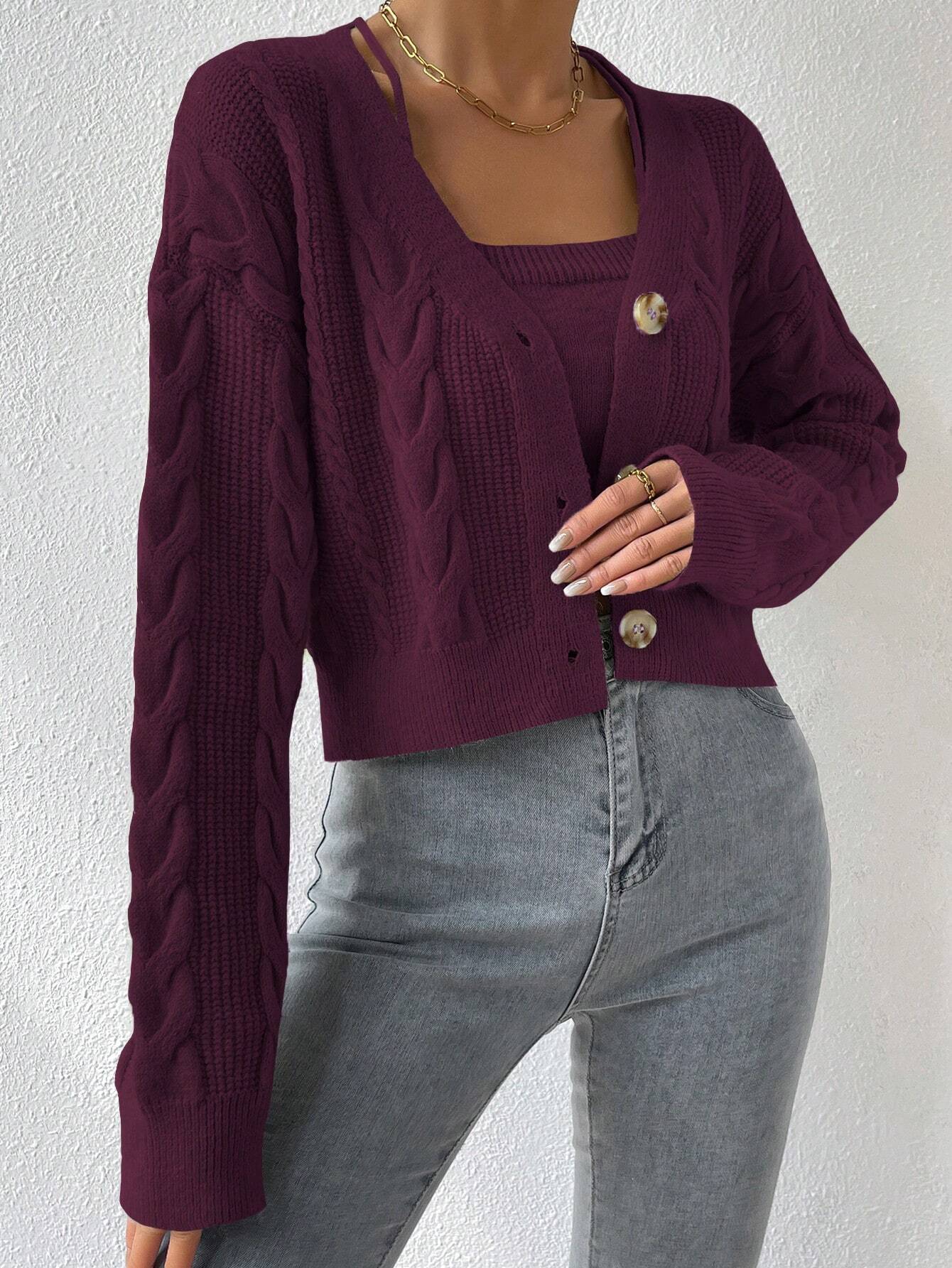 Buy SHEIN MOOSTA Cable Knit Drop Shoulder Cardigan & Cami Knit Top in Pakistan