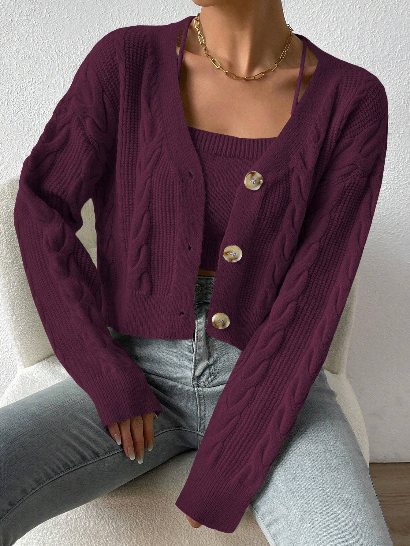 Buy SHEIN MOOSTA Cable Knit Drop Shoulder Cardigan & Cami Knit Top in Pakistan