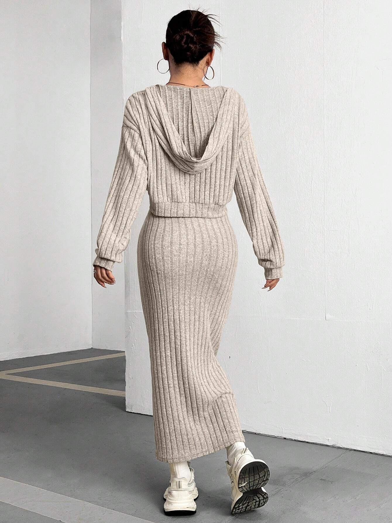 Buy SHEIN MOOSTA Ladies' Ribbed Long Sleeve T-Shirt And Skirt Set in Pakistan