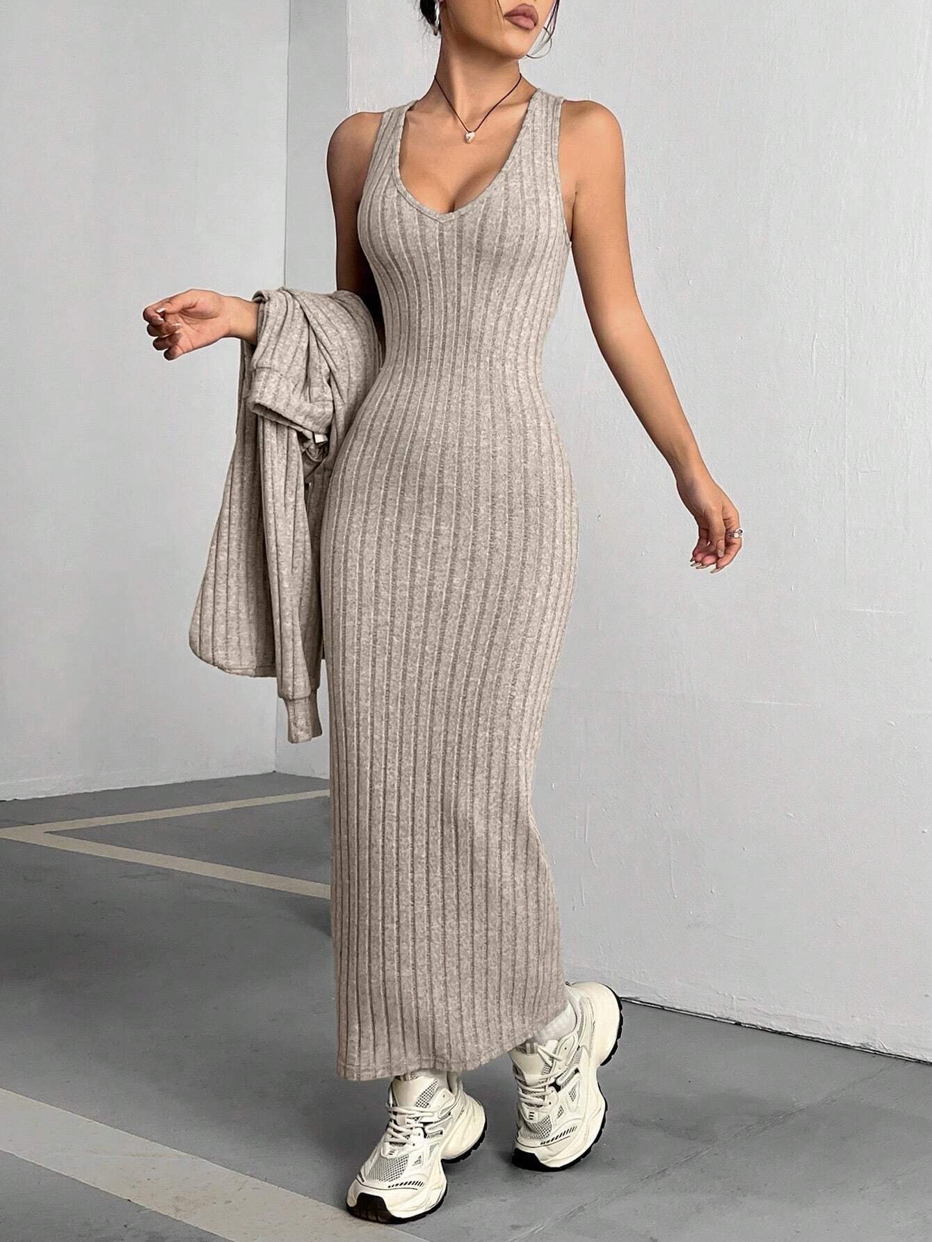 Buy SHEIN MOOSTA Ladies' Ribbed Long Sleeve T-Shirt And Skirt Set in Pakistan