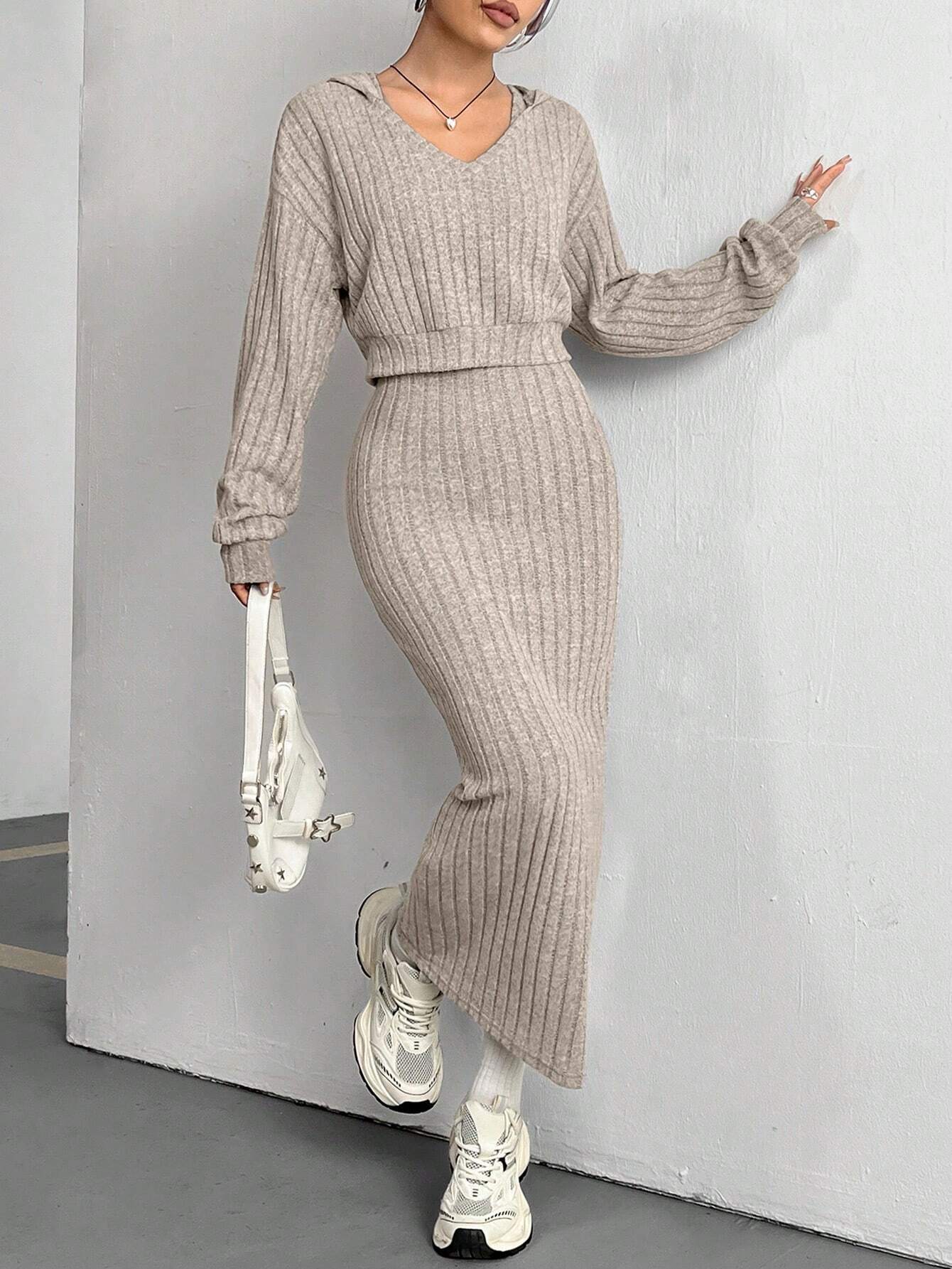 Buy SHEIN MOOSTA Ladies' Ribbed Long Sleeve T-Shirt And Skirt Set in Pakistan
