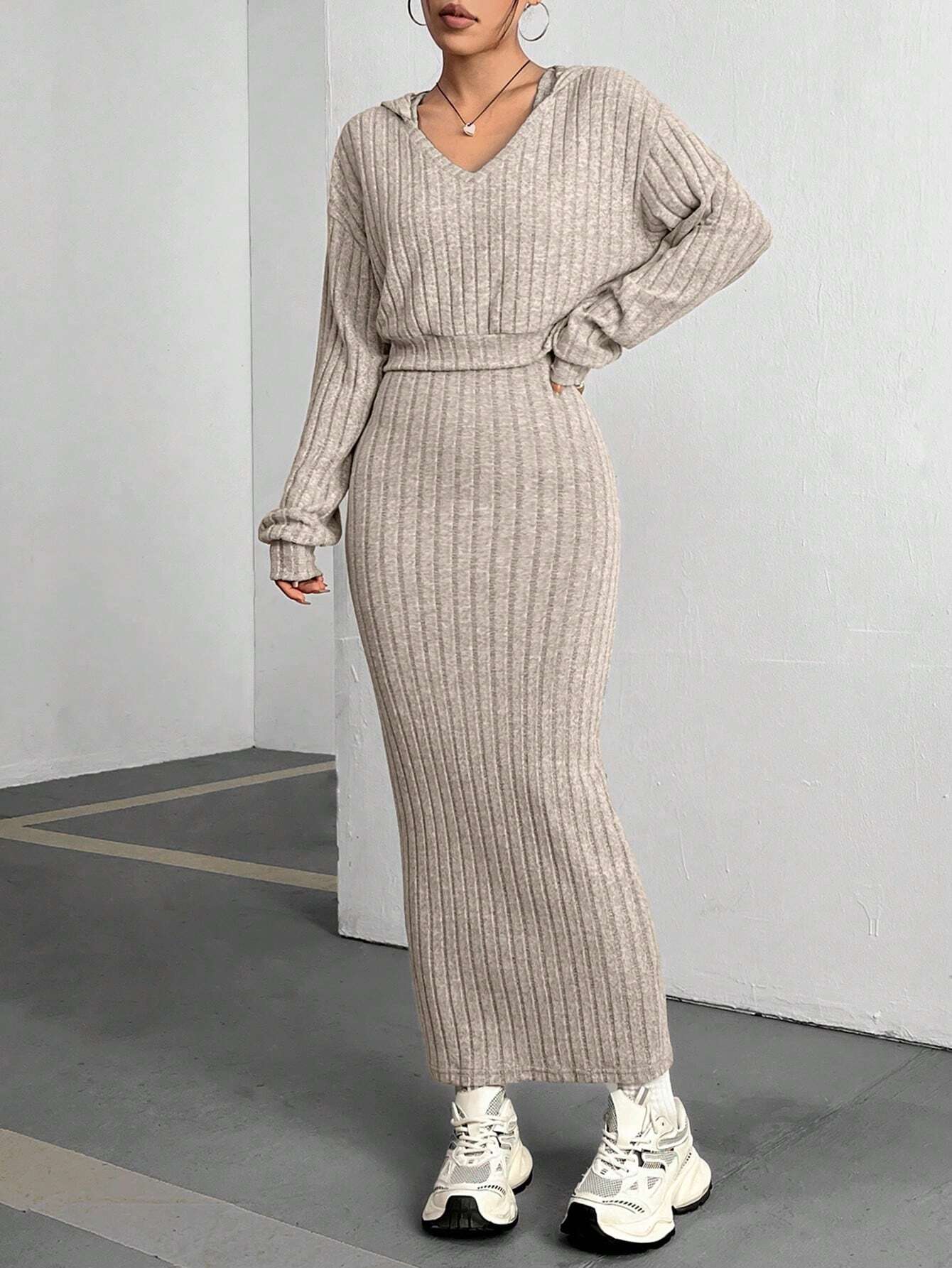 Buy SHEIN MOOSTA Ladies' Ribbed Long Sleeve T-Shirt And Skirt Set in Pakistan
