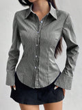 Buy SHEIN MOOSTA Ladies' Solid Color Slim Fit Striped Long Sleeve Shirt,Long Sleeve Tops in Pakistan