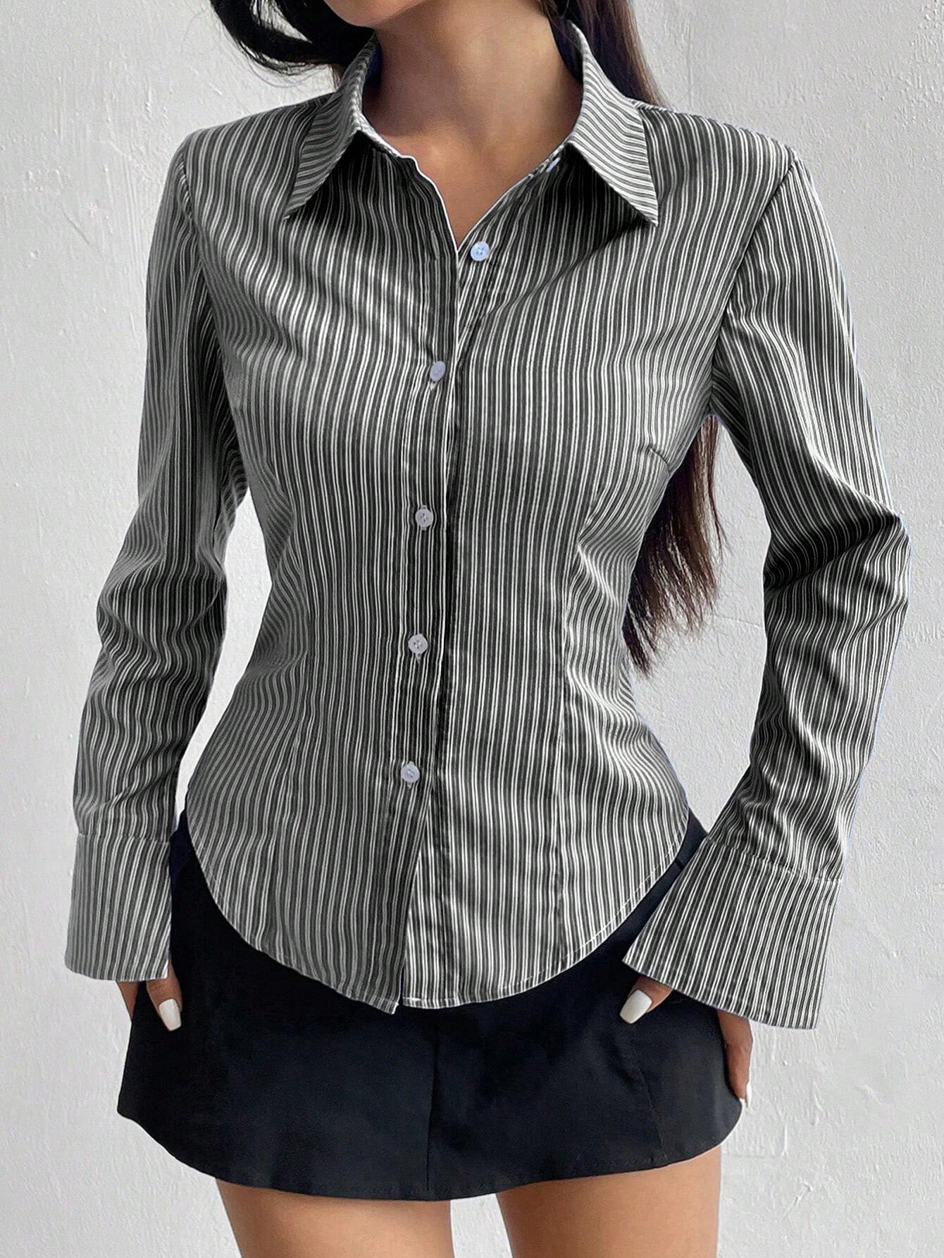 Buy SHEIN MOOSTA Ladies' Solid Color Slim Fit Striped Long Sleeve Shirt,Long Sleeve Tops in Pakistan
