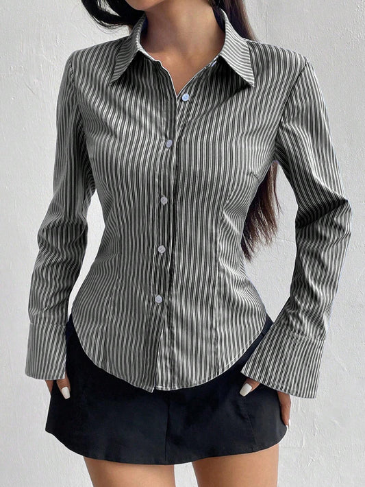 Buy SHEIN MOOSTA Ladies' Solid Color Slim Fit Striped Long Sleeve Shirt,Long Sleeve Tops in Pakistan