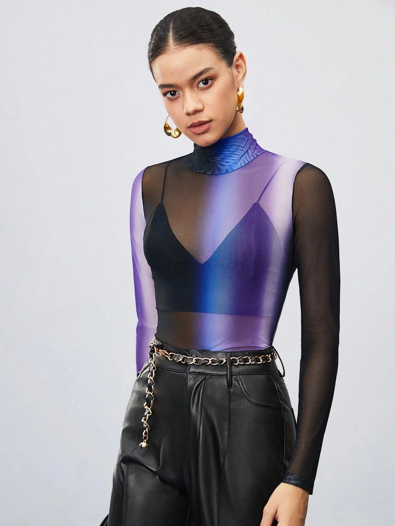 Buy SHEIN Maija Women'S Gradient Color Stand Collar See-Through Mesh Blouse in Pakistan