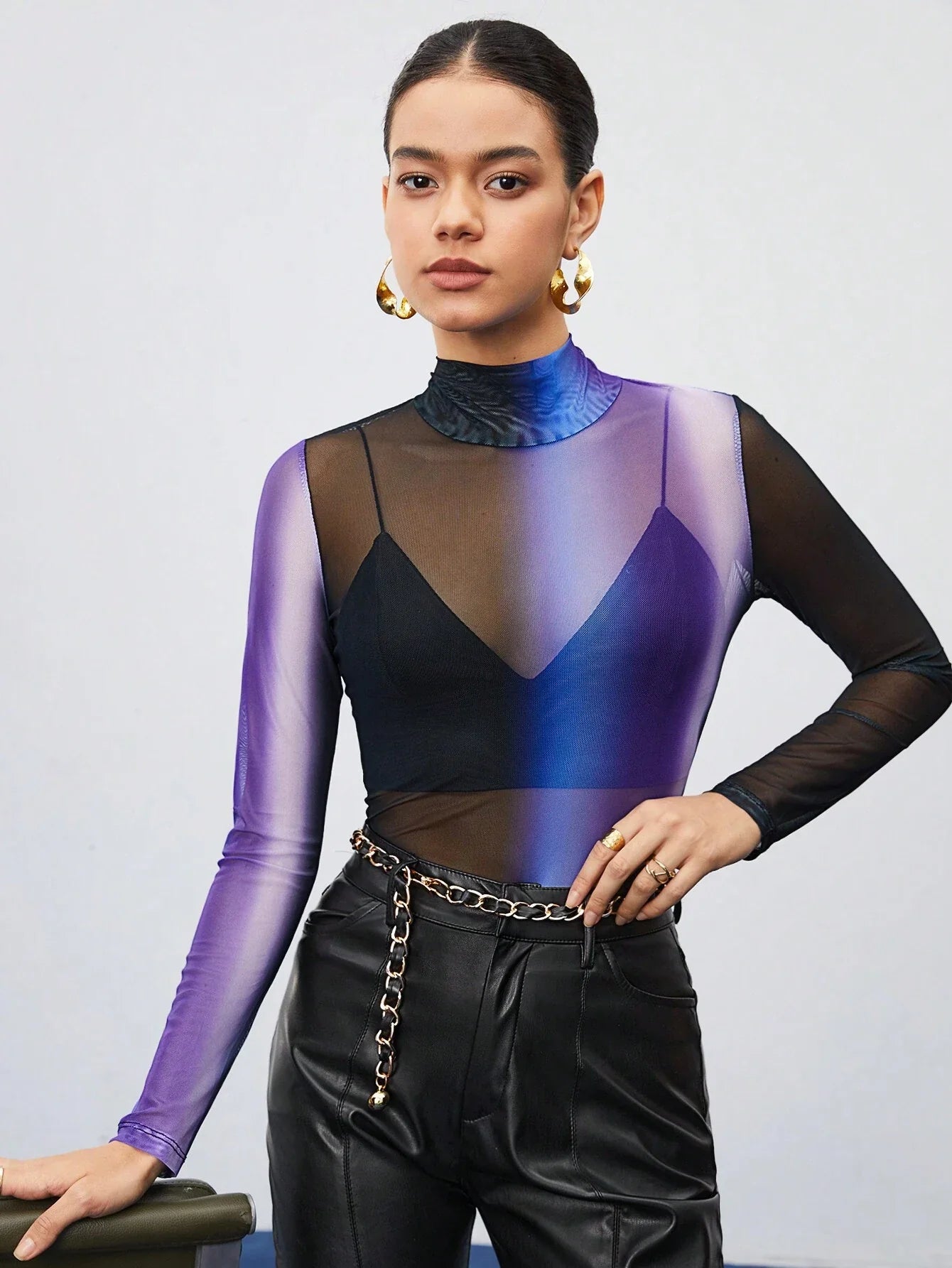 Buy SHEIN Maija Women'S Gradient Color Stand Collar See-Through Mesh Blouse in Pakistan