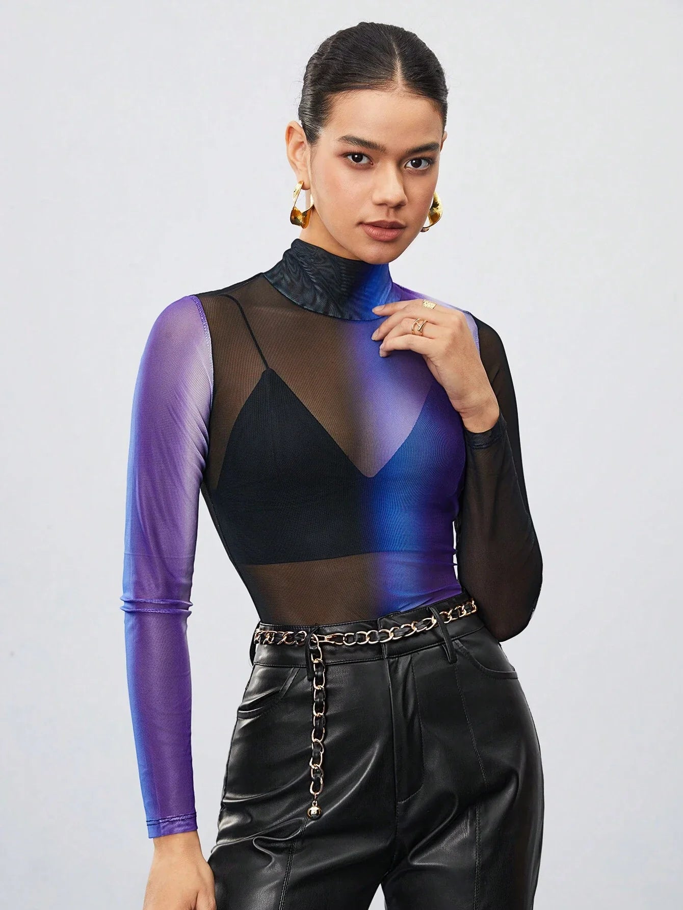 Buy SHEIN Maija Women'S Gradient Color Stand Collar See-Through Mesh Blouse in Pakistan
