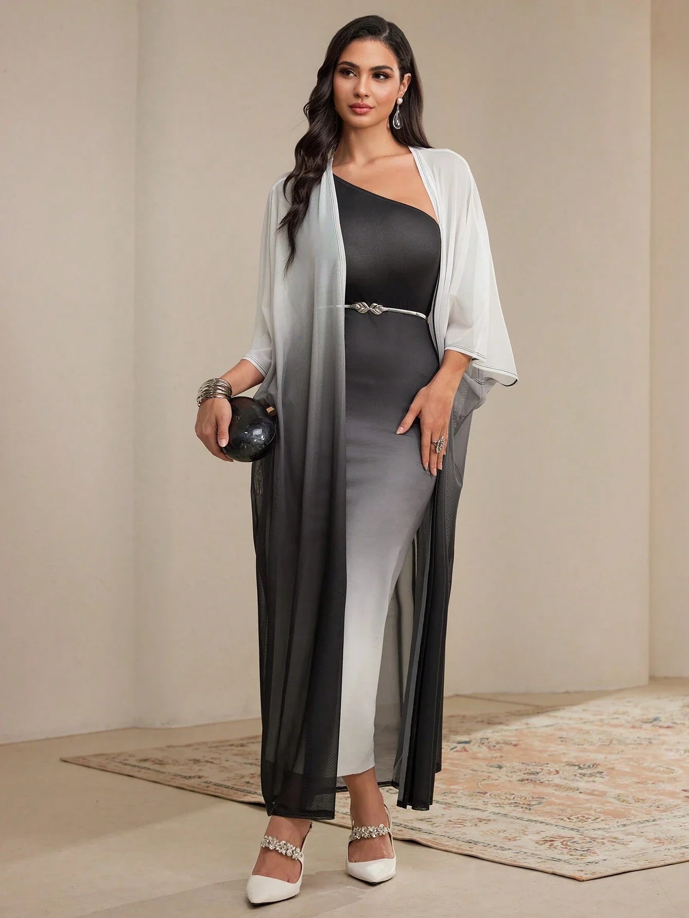 Buy SHEIN Modely 2pcs Set Women's Elegant Gradient Batwing Sleeve Long Jacket And Asymmetric Collar Fitted Dress in Pakistan