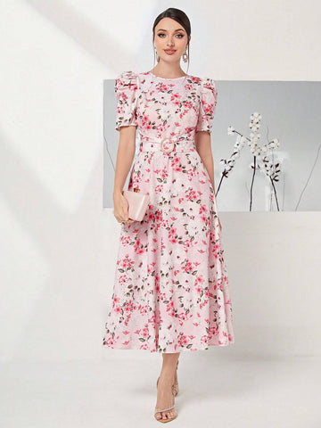 Buy SHEIN Modely Allover Floral Print Puff Sleeve Belted Dress in Pakistan