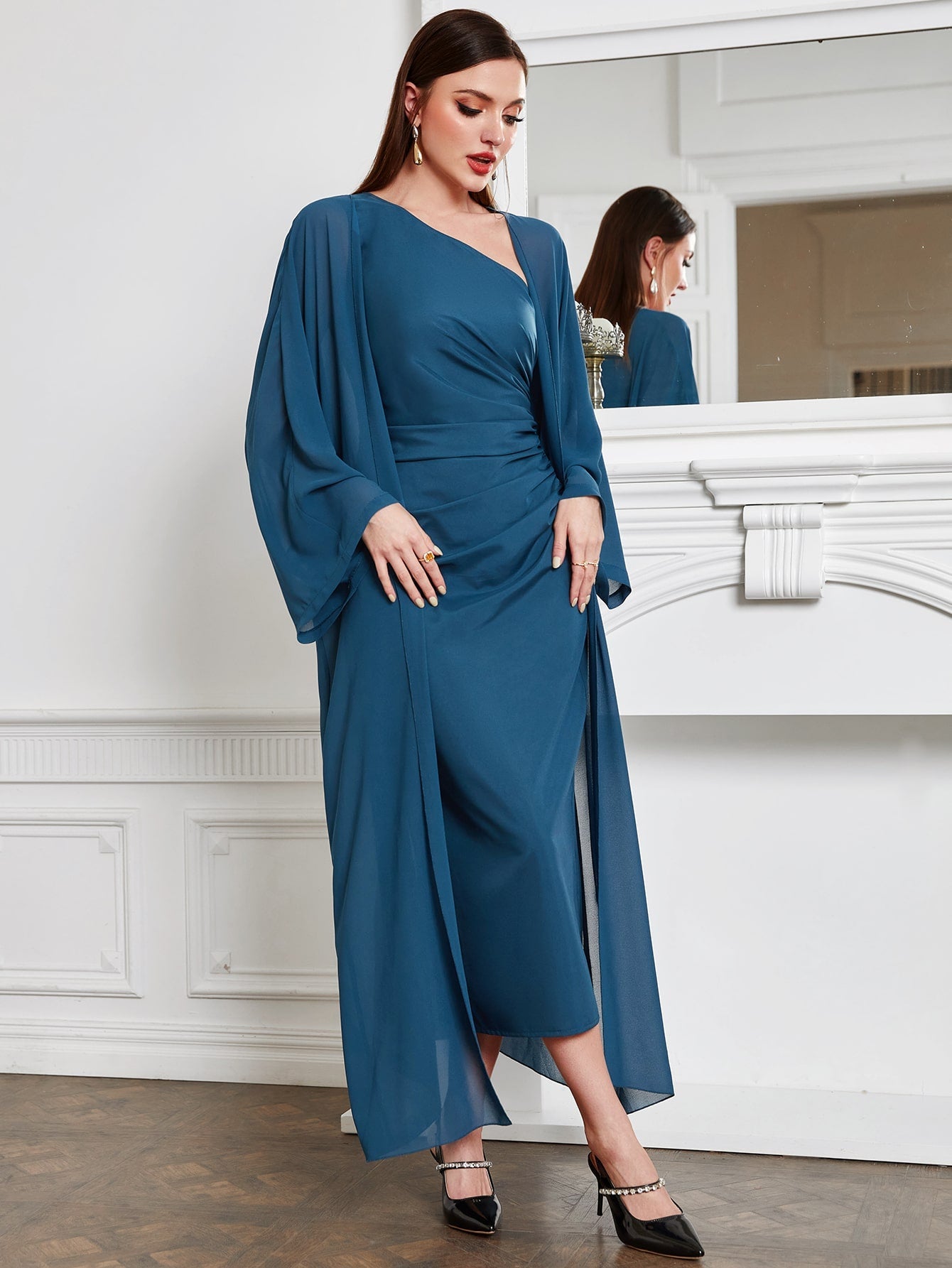 Buy SHEIN Modely Batwing Sleeve Coat & One Shoulder Ruched Dress in Pakistan