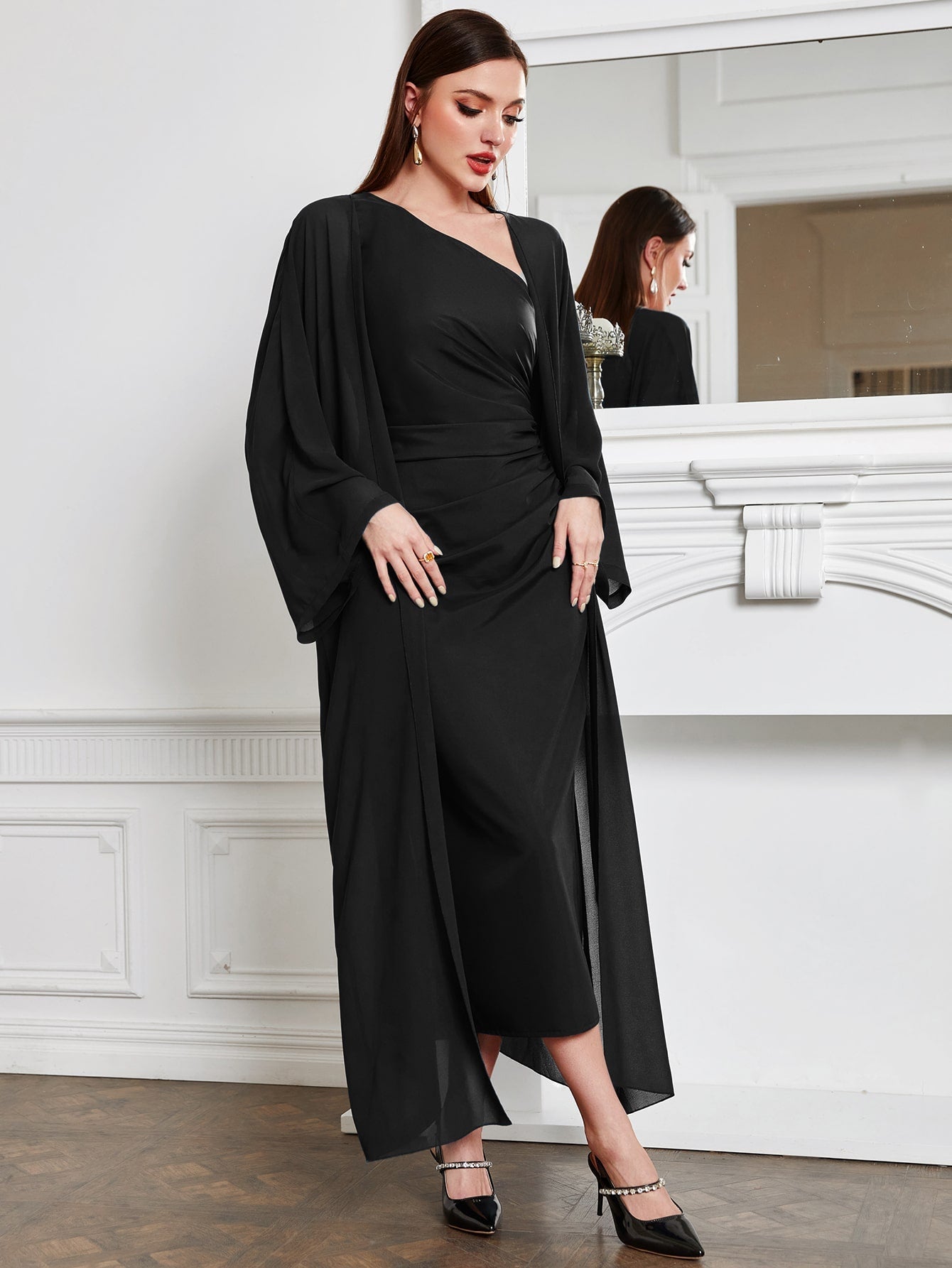 Buy SHEIN Modely Batwing Sleeve Coat & One Shoulder Ruched Dress in Pakistan