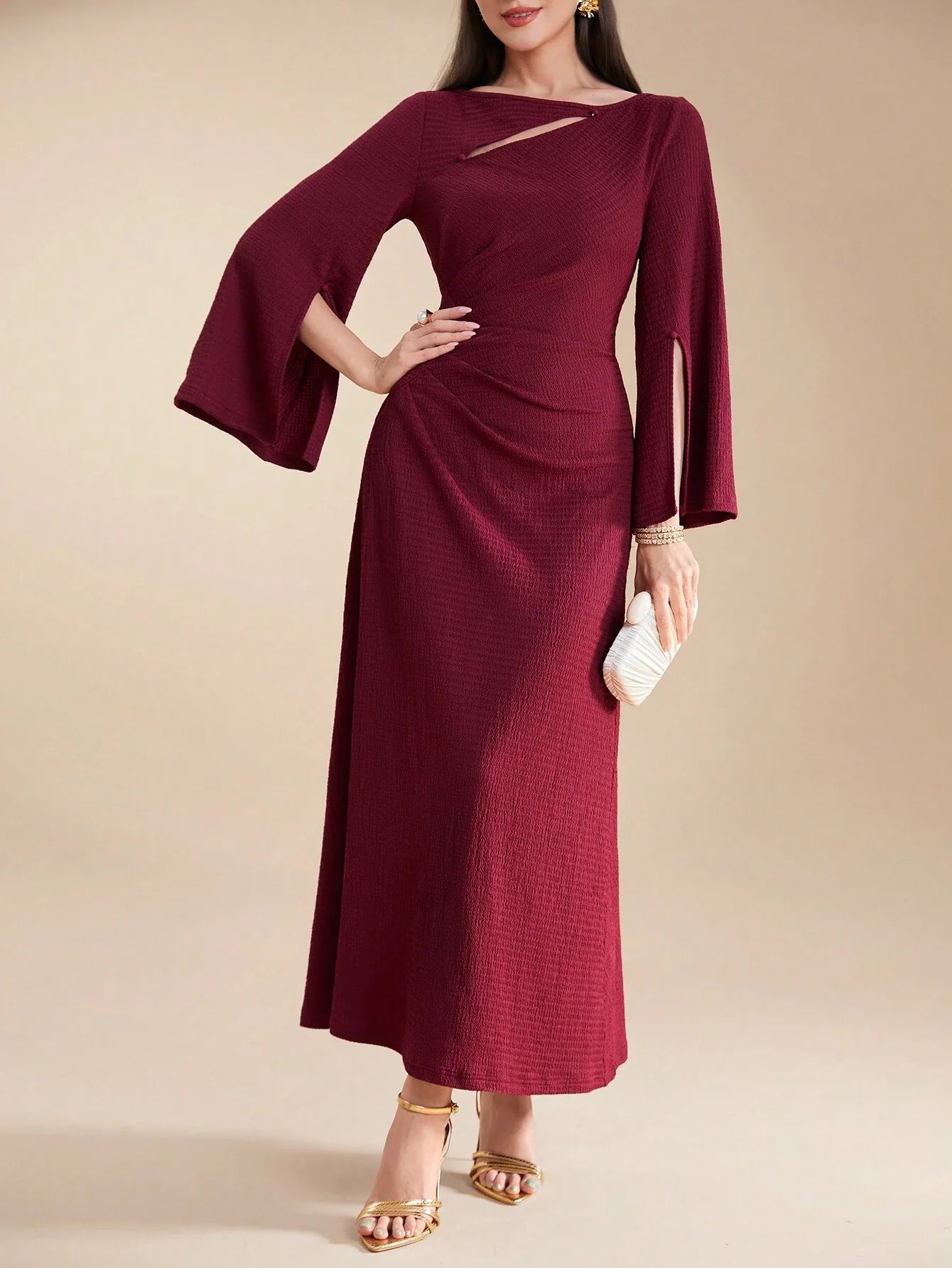 SHEIN Modely Burgundy Red Ladies' Solid Color Simple Arabian Daily Mod SHEIN Modely Burgundy Red Ladies' Solid Color Simple Arabian Daily Mod
