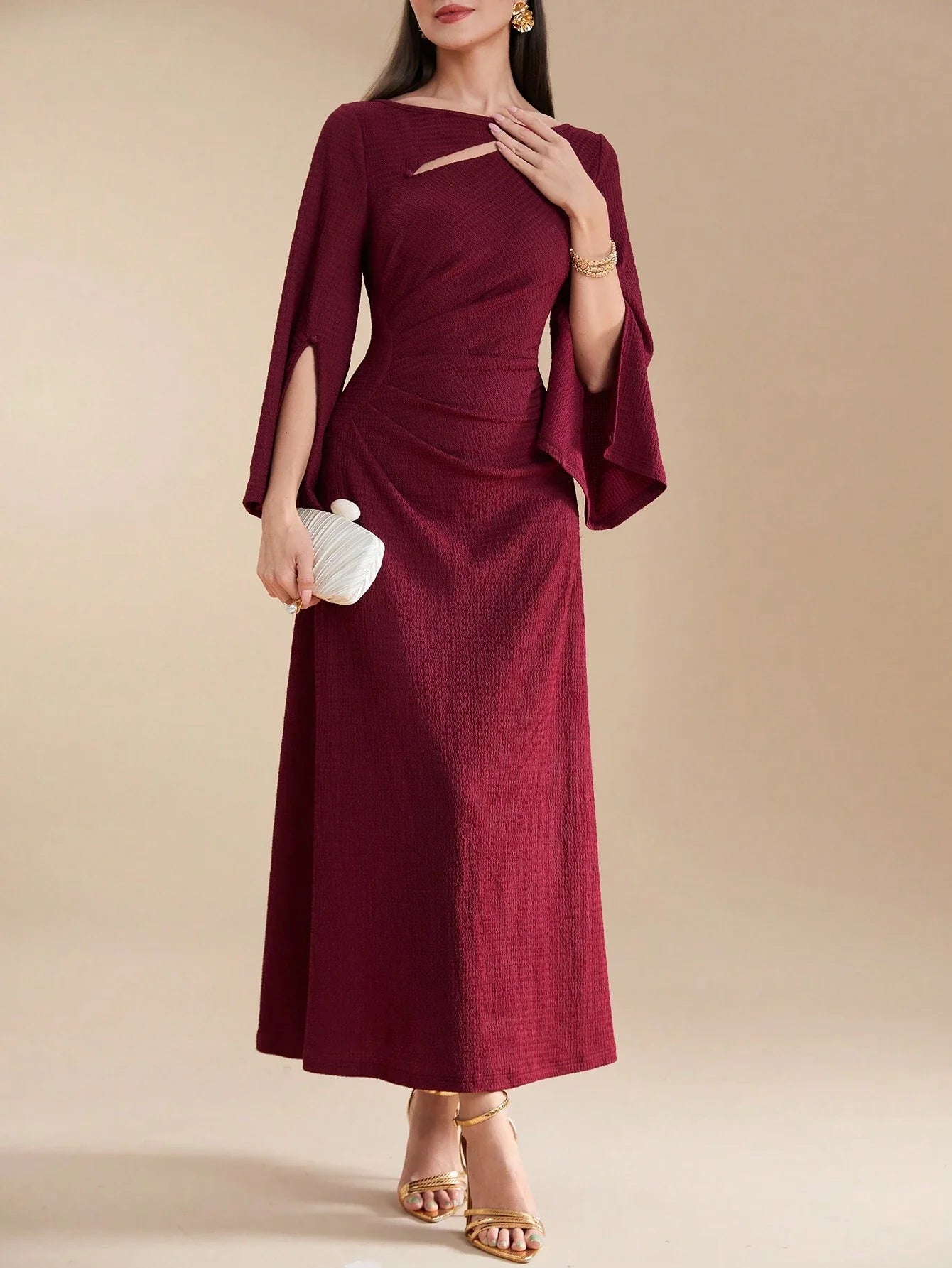 Buy SHEIN Modely Burgundy Red Ladies' Solid Color Simple Arabian Daily Modest Long Sleeve Dress Long Evening Dresses in Pakistan
