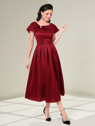 Buy SHEIN Modely Burgundy Red Twist Front Fold Pleated Dress Maxi Women Outfit Long Evening Dresses in Pakistan
