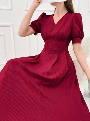 Buy SHEIN Modely Burgundy Red Women's Plain And Simple Daily Short Sleeve Dress in Pakistan
