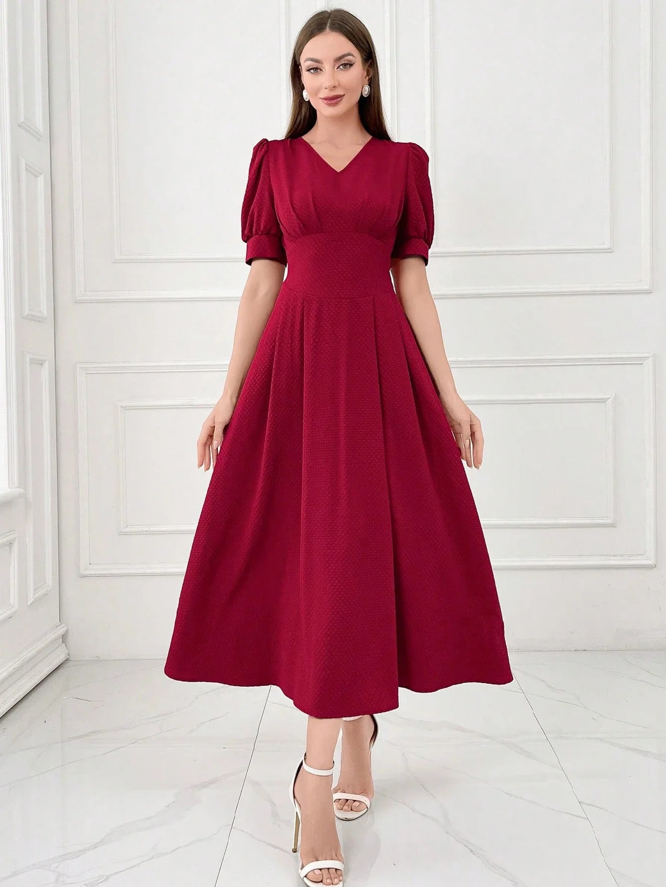 Buy SHEIN Modely Burgundy Red Women's Plain And Simple Daily Short Sleeve Dress in Pakistan
