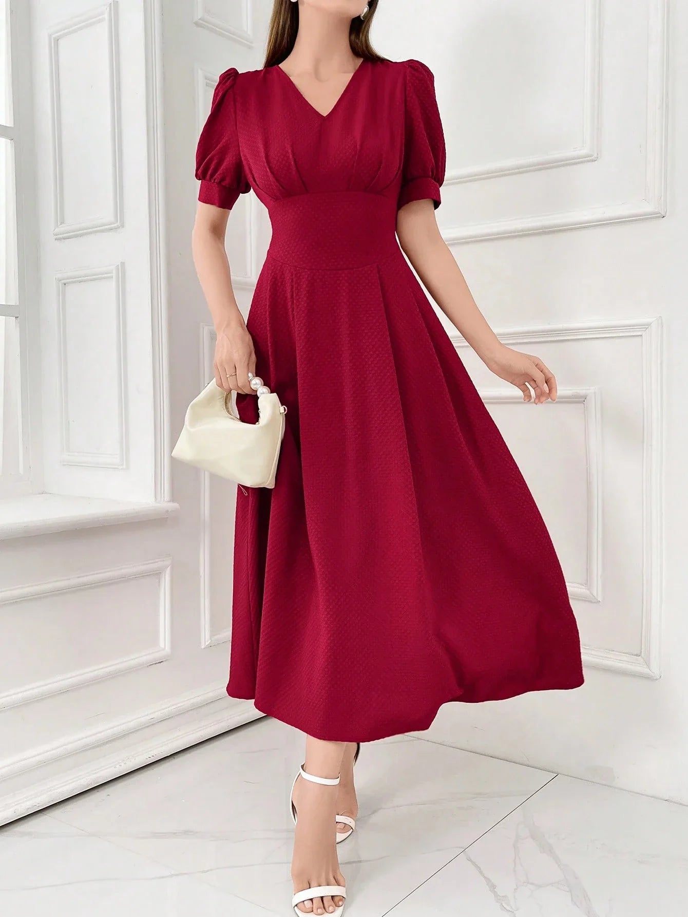Buy SHEIN Modely Burgundy Red Women's Plain And Simple Daily Short Sleeve Dress in Pakistan