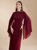Buy SHEIN Modely Burgundy Red Women's Summer Solid Color Round Neck Pleated Slit Long Sleeve Elegant Dress in Pakistan