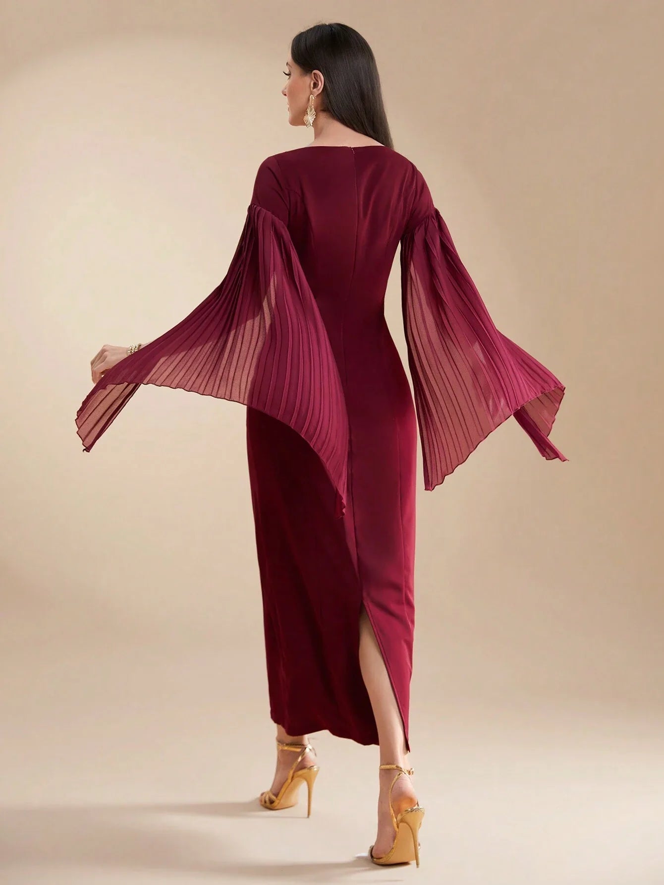 Buy SHEIN Modely Burgundy Red Women's Summer Solid Color Round Neck Pleated Slit Long Sleeve Elegant Dress in Pakistan