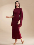 Buy SHEIN Modely Burgundy Red Women's Summer Solid Color Round Neck Pleated Slit Long Sleeve Elegant Dress in Pakistan