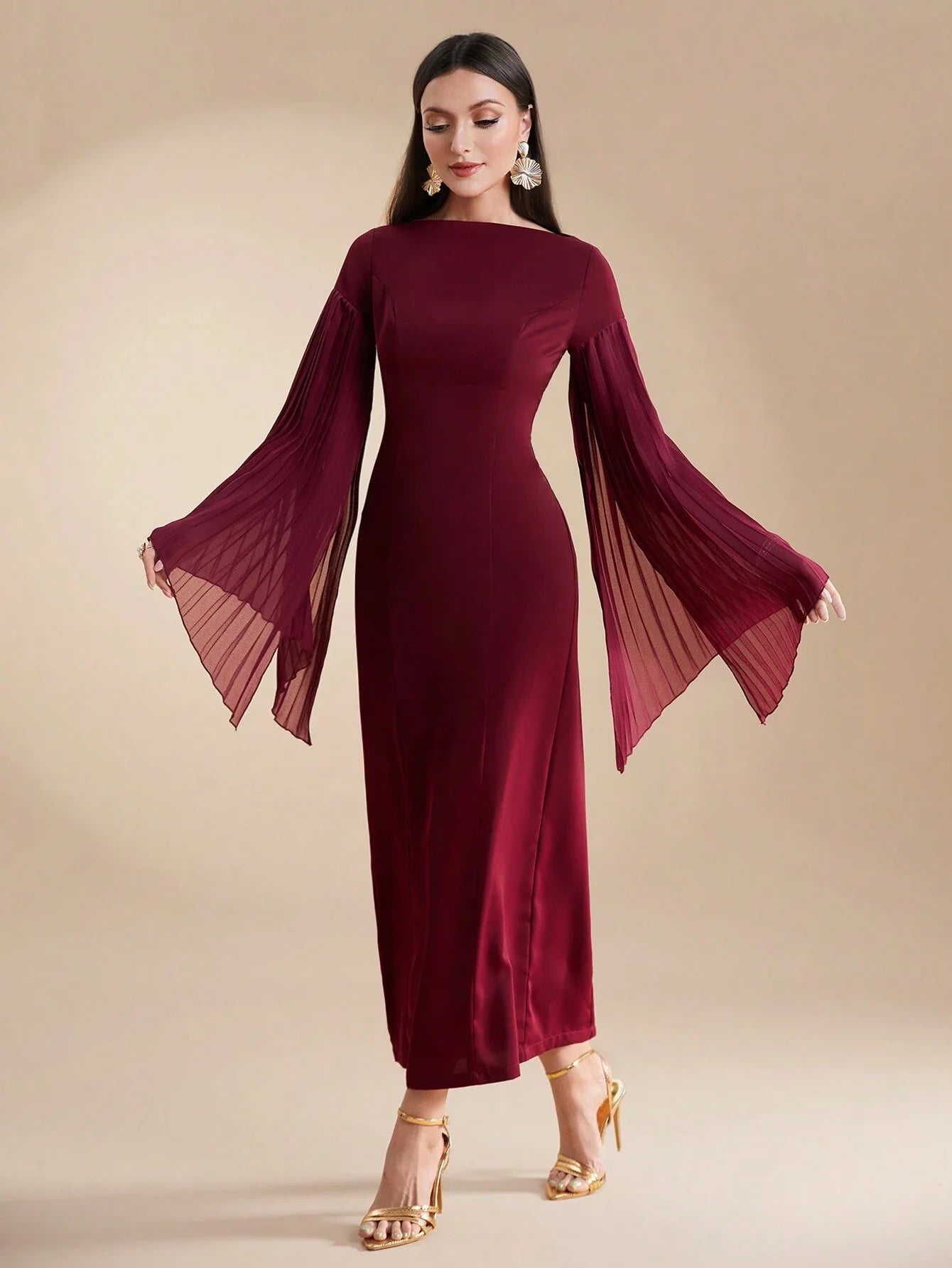 Buy SHEIN Modely Burgundy Red Women's Summer Solid Color Round Neck Pleated Slit Long Sleeve Elegant Dress in Pakistan