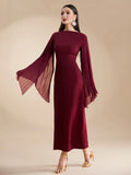 Buy SHEIN Modely Burgundy Red Women's Summer Solid Color Round Neck Pleated Slit Long Sleeve Elegant Dress in Pakistan