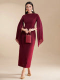 Buy SHEIN Modely Burgundy Red Women's Summer Solid Color Round Neck Pleated Slit Long Sleeve Elegant Dress in Pakistan
