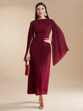 Buy SHEIN Modely Burgundy Red Women's Summer Solid Color Round Neck Pleated Slit Long Sleeve Elegant Dress in Pakistan