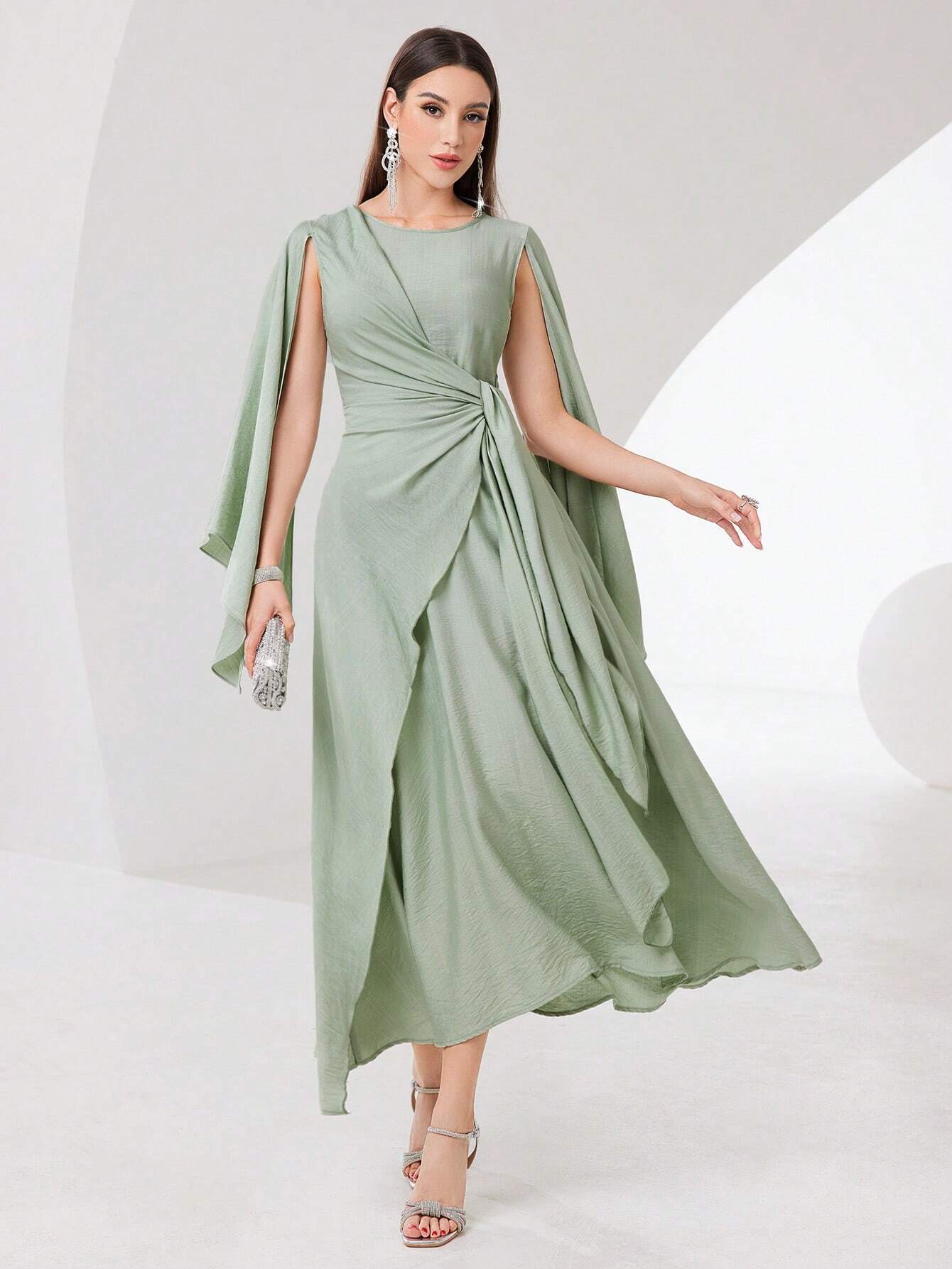 Buy SHEIN Modely Cloak Sleeve Knot Side Green Modest Dress in Pakistan