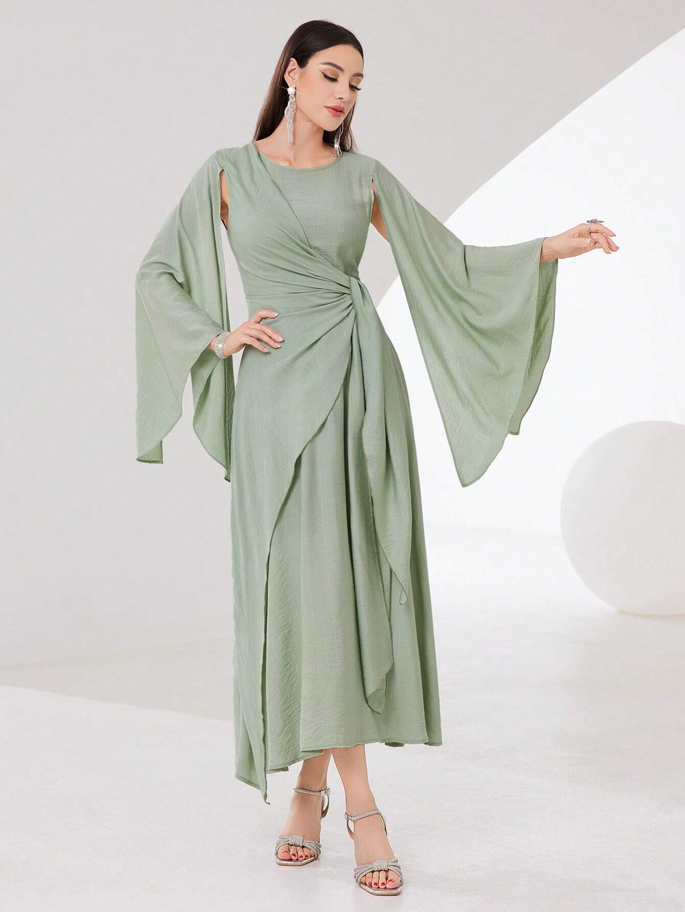 Buy SHEIN Modely Cloak Sleeve Knot Side Green Modest Dress in Pakistan