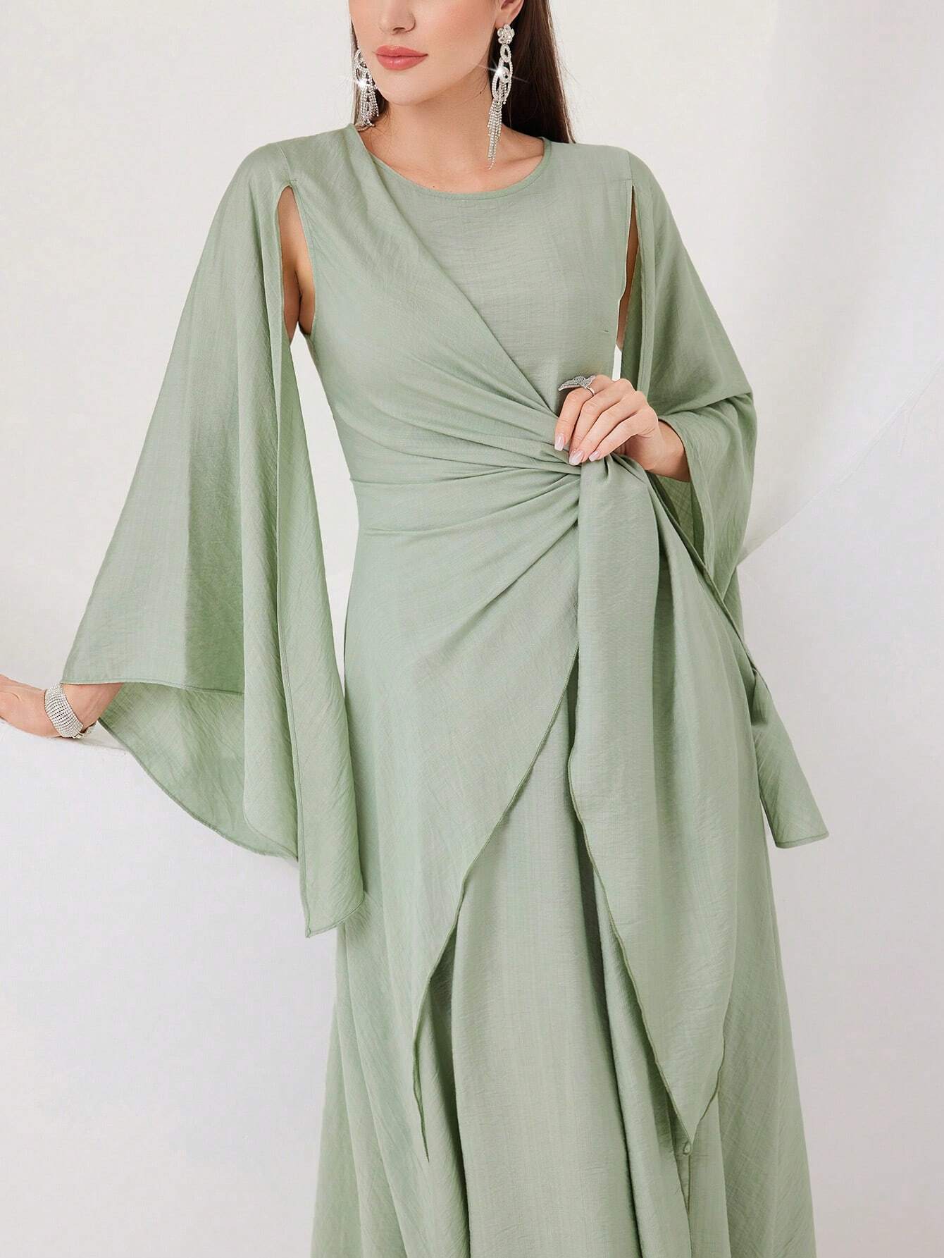 Buy SHEIN Modely Cloak Sleeve Knot Side Green Modest Dress in Pakistan