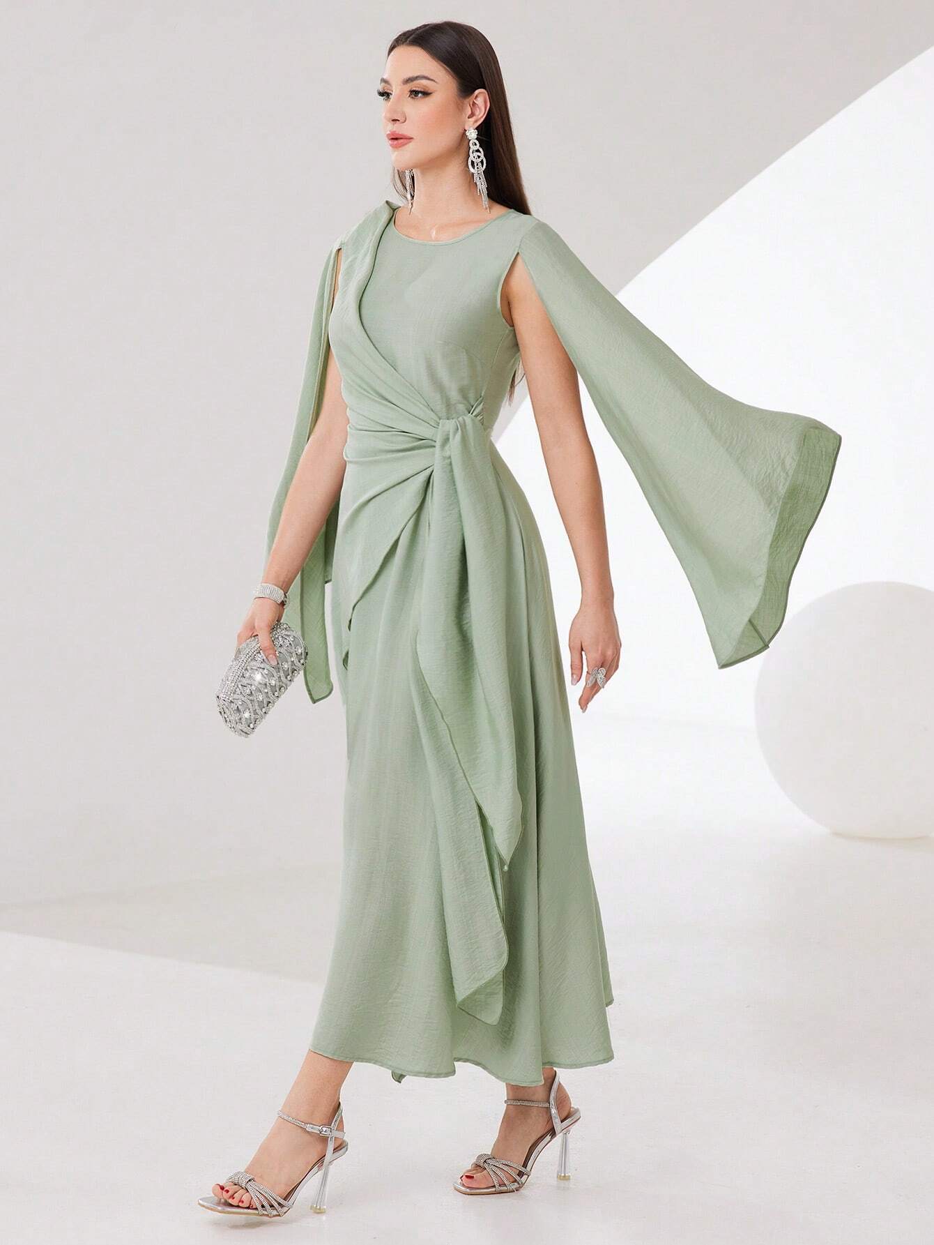 Buy SHEIN Modely Cloak Sleeve Knot Side Green Modest Dress in Pakistan