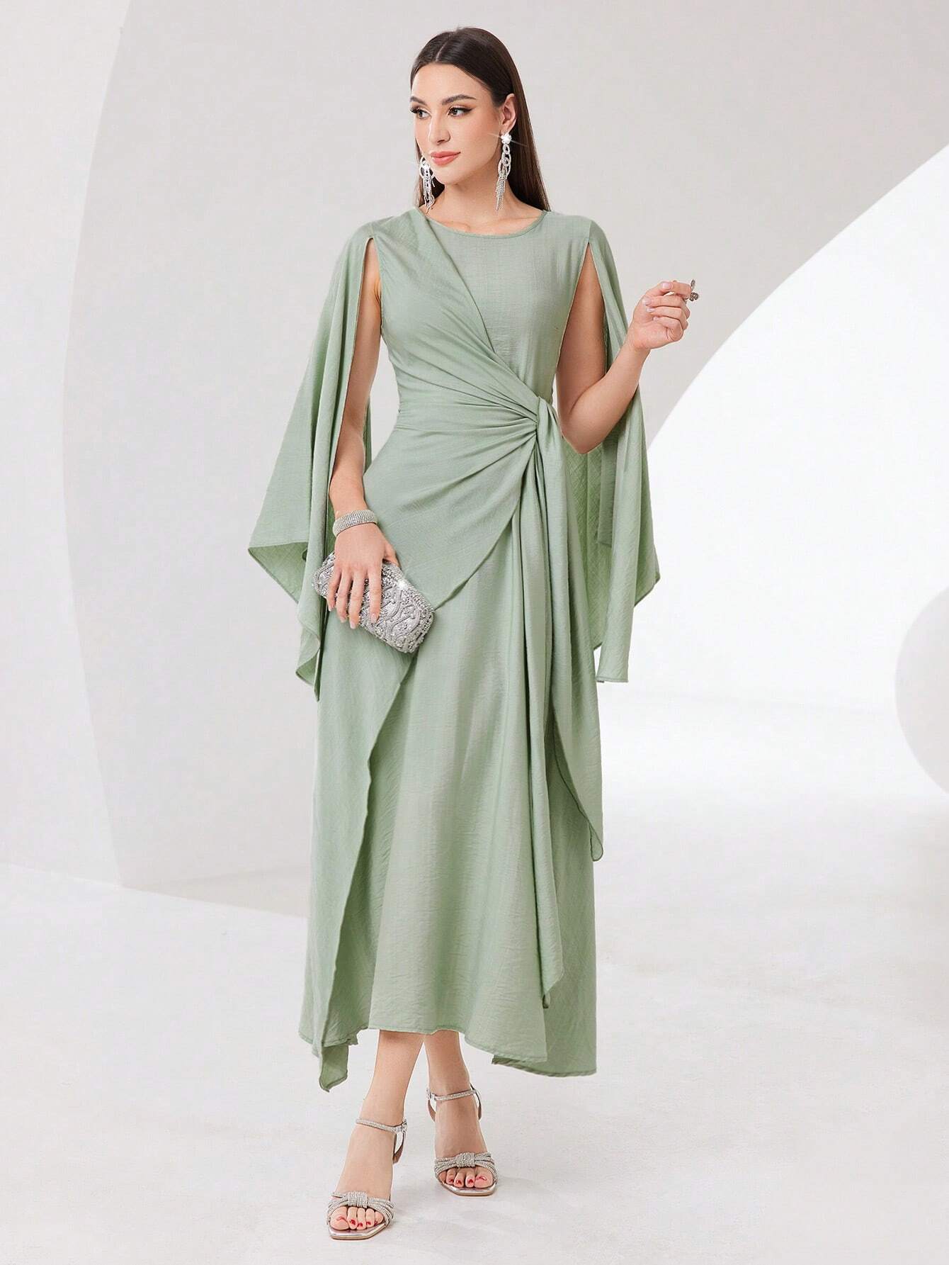 Buy SHEIN Modely Cloak Sleeve Knot Side Green Modest Dress in Pakistan
