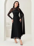 Buy SHEIN Modely Contrast Mesh Ruched Dress With Sleeves Dress in Pakistan