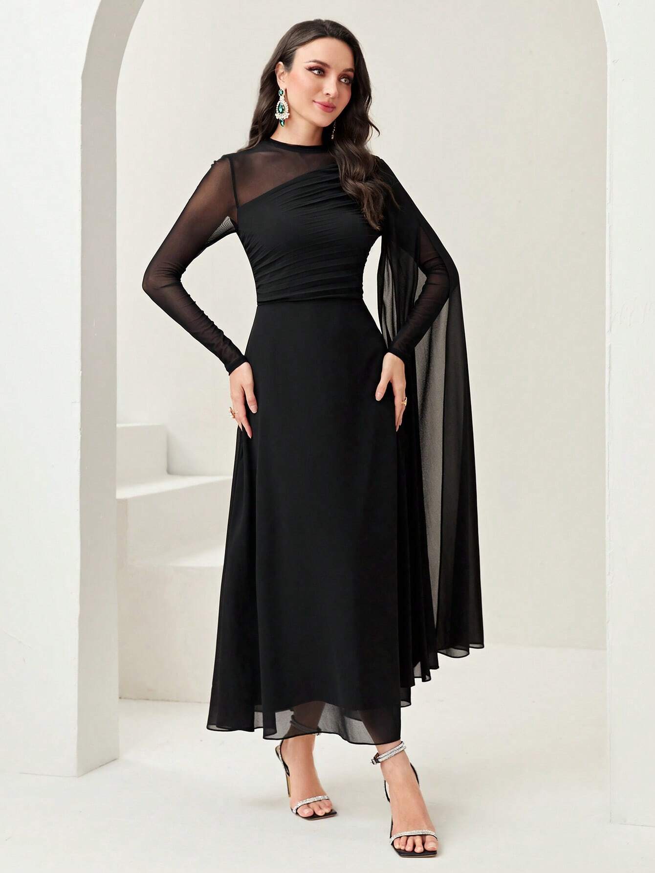 Buy SHEIN Modely Contrast Mesh Ruched Dress With Sleeves Dress in Pakistan