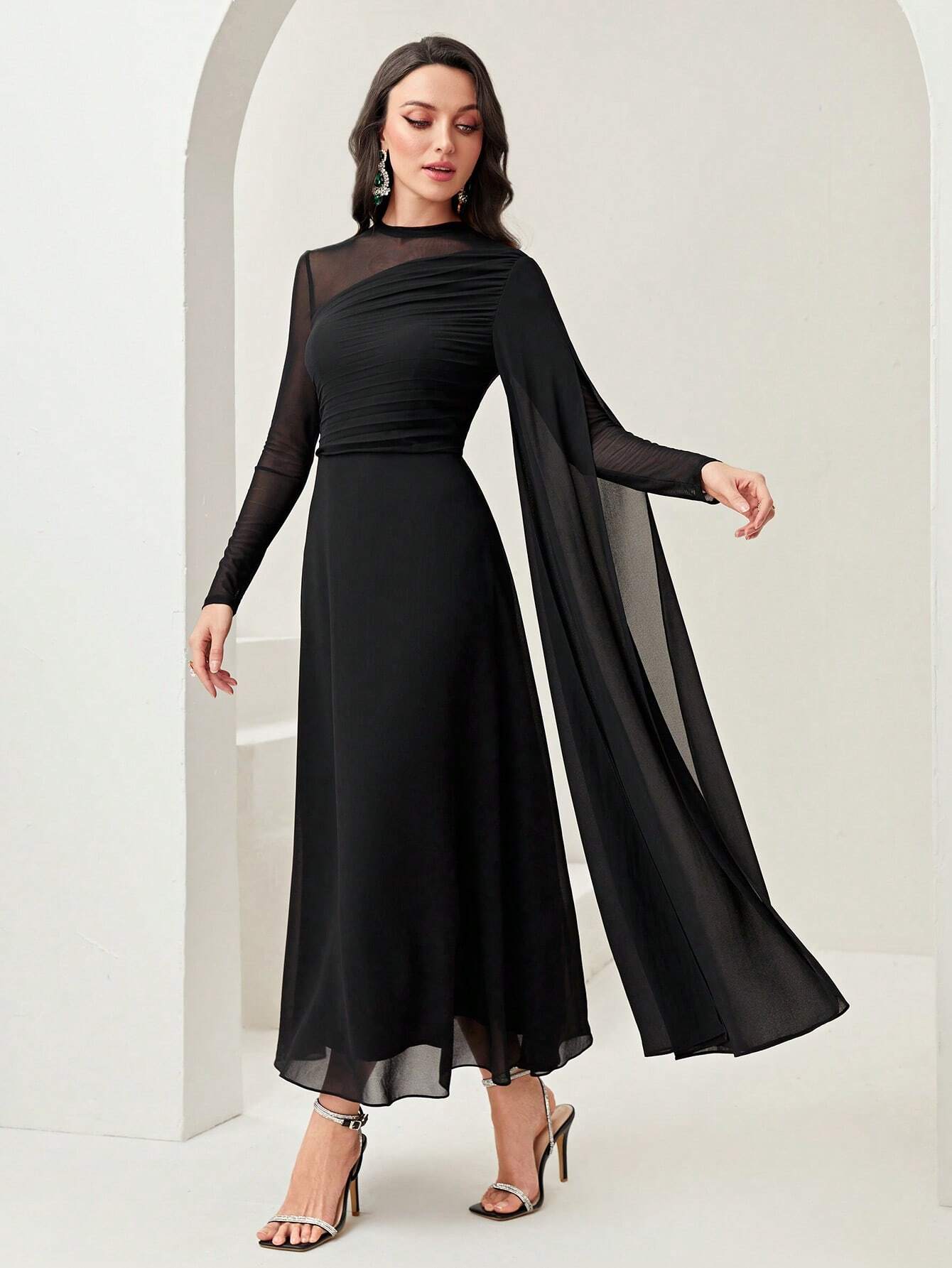 Buy SHEIN Modely Contrast Mesh Ruched Dress With Sleeves Dress in Pakistan