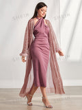 Buy SHEIN Modely Contrast Sequin Fuzzy Cuff Coat & Bodycon Dress in Pakistan