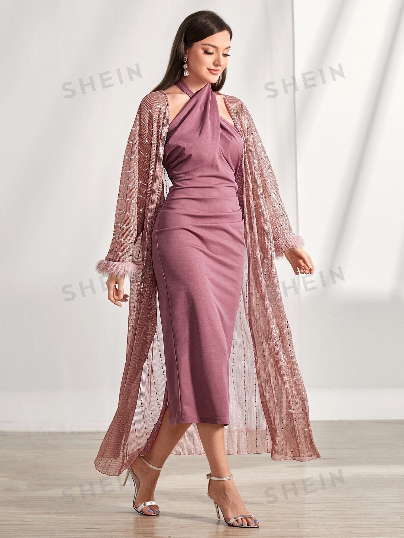 Buy SHEIN Modely Contrast Sequin Fuzzy Cuff Coat & Bodycon Dress in Pakistan
