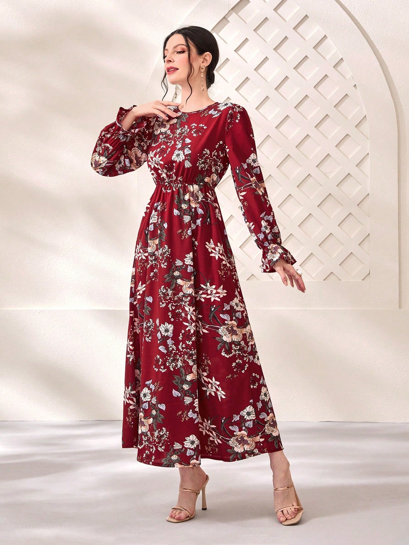 Buy SHEIN Modely Floral Print Flare Sleeve Dress in Pakistan