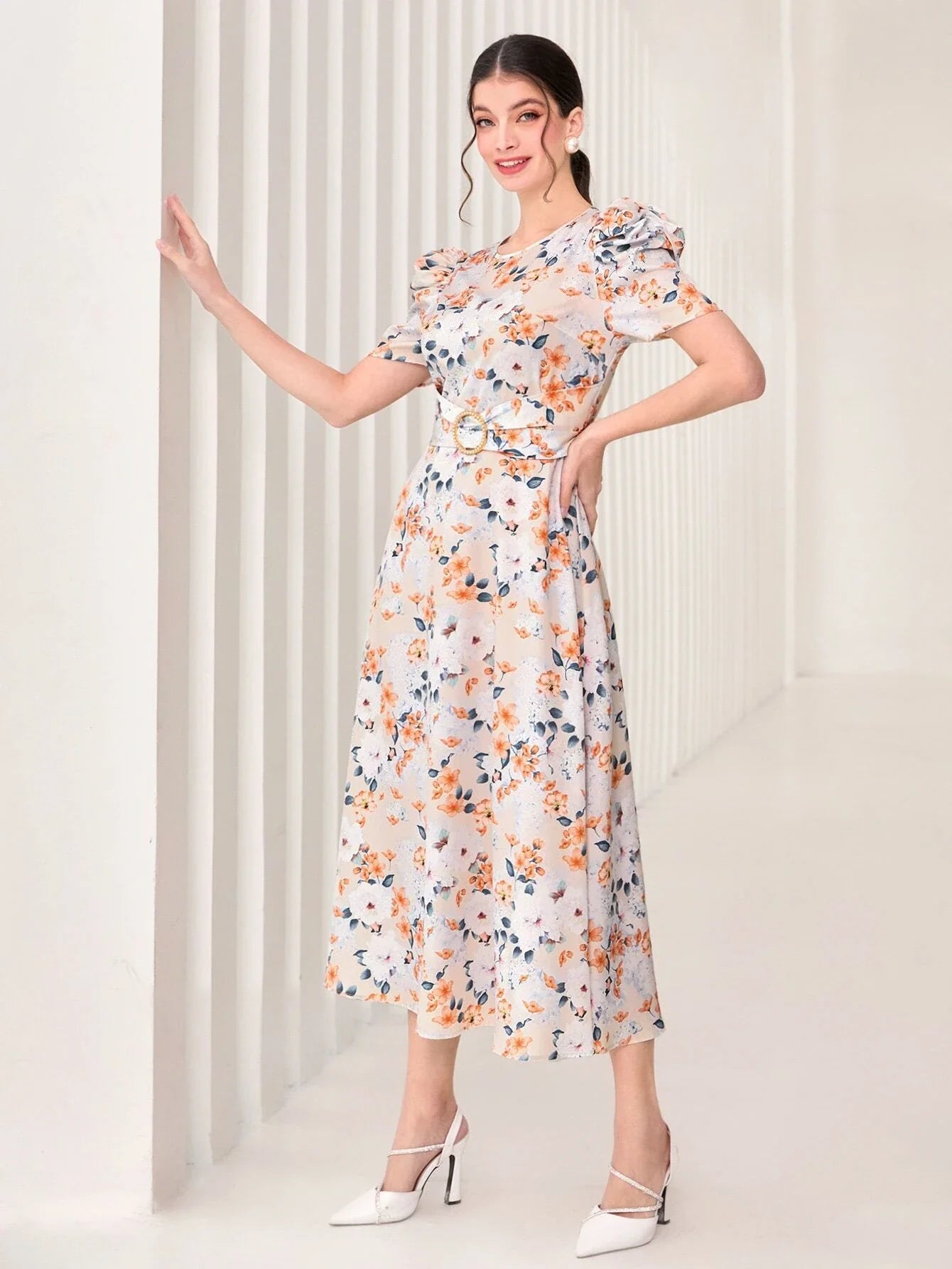 Buy SHEIN Modely Floral Print Puff Sleeve Dress in Pakistan