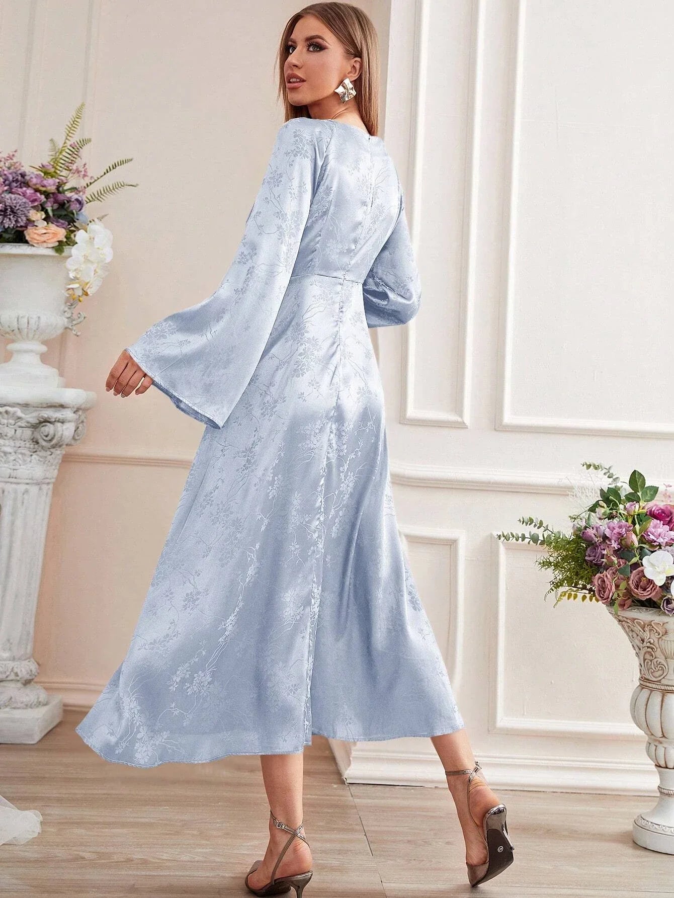 Buy SHEIN Modely Jacquard Trumpet Sleeve Knot Front Dress, Evening Dress in Pakistan