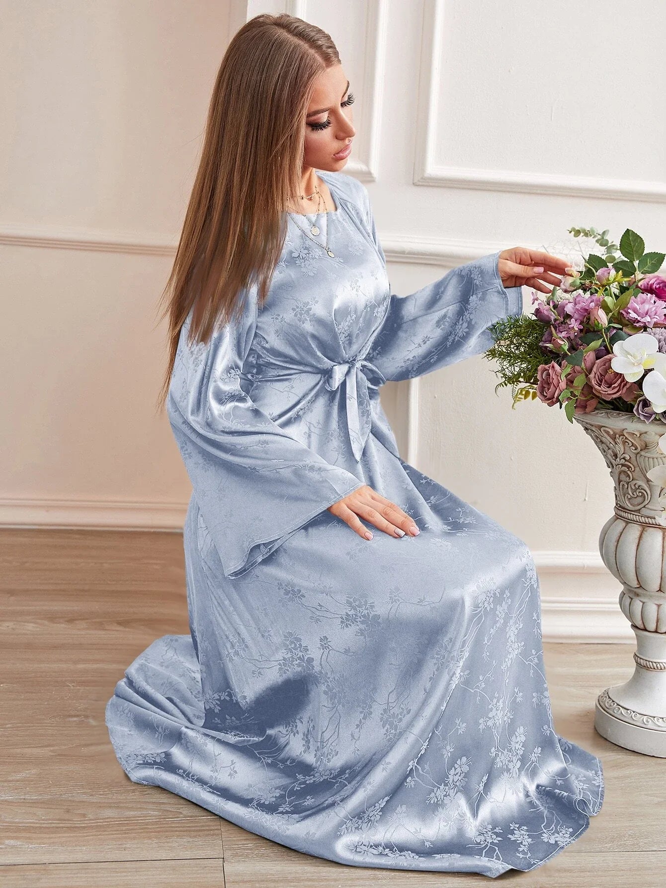 Buy SHEIN Modely Jacquard Trumpet Sleeve Knot Front Dress, Evening Dress in Pakistan