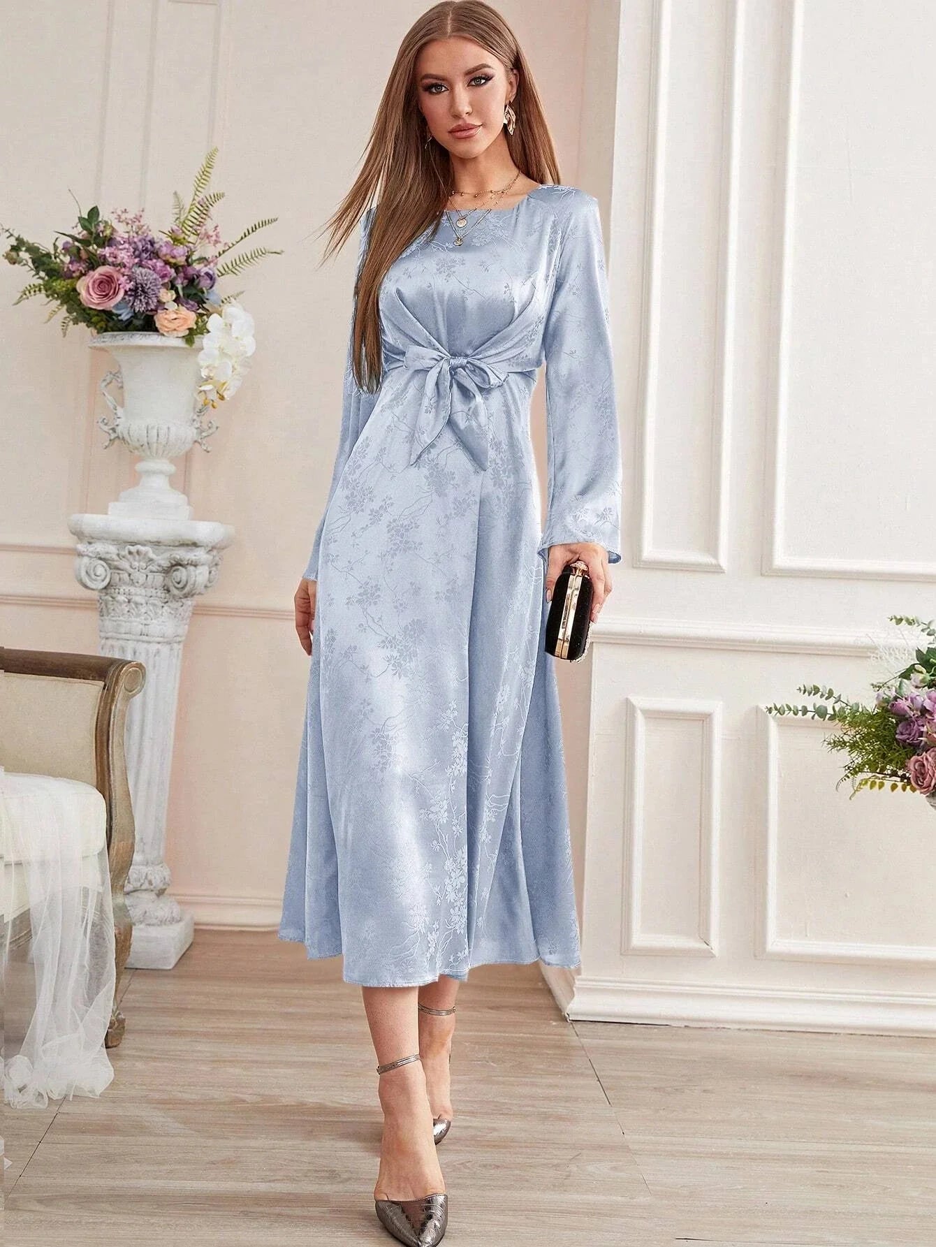 Buy SHEIN Modely Jacquard Trumpet Sleeve Knot Front Dress, Evening Dress in Pakistan