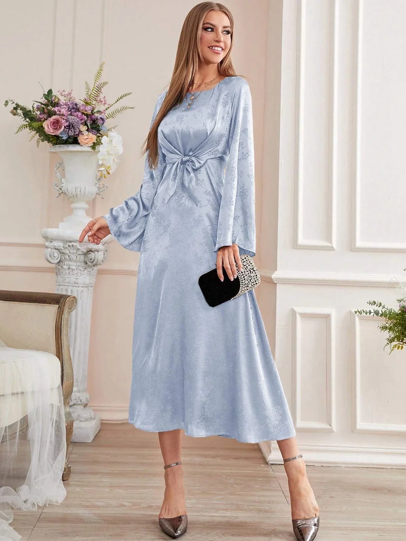 Buy SHEIN Modely Jacquard Trumpet Sleeve Knot Front Dress, Evening Dress in Pakistan