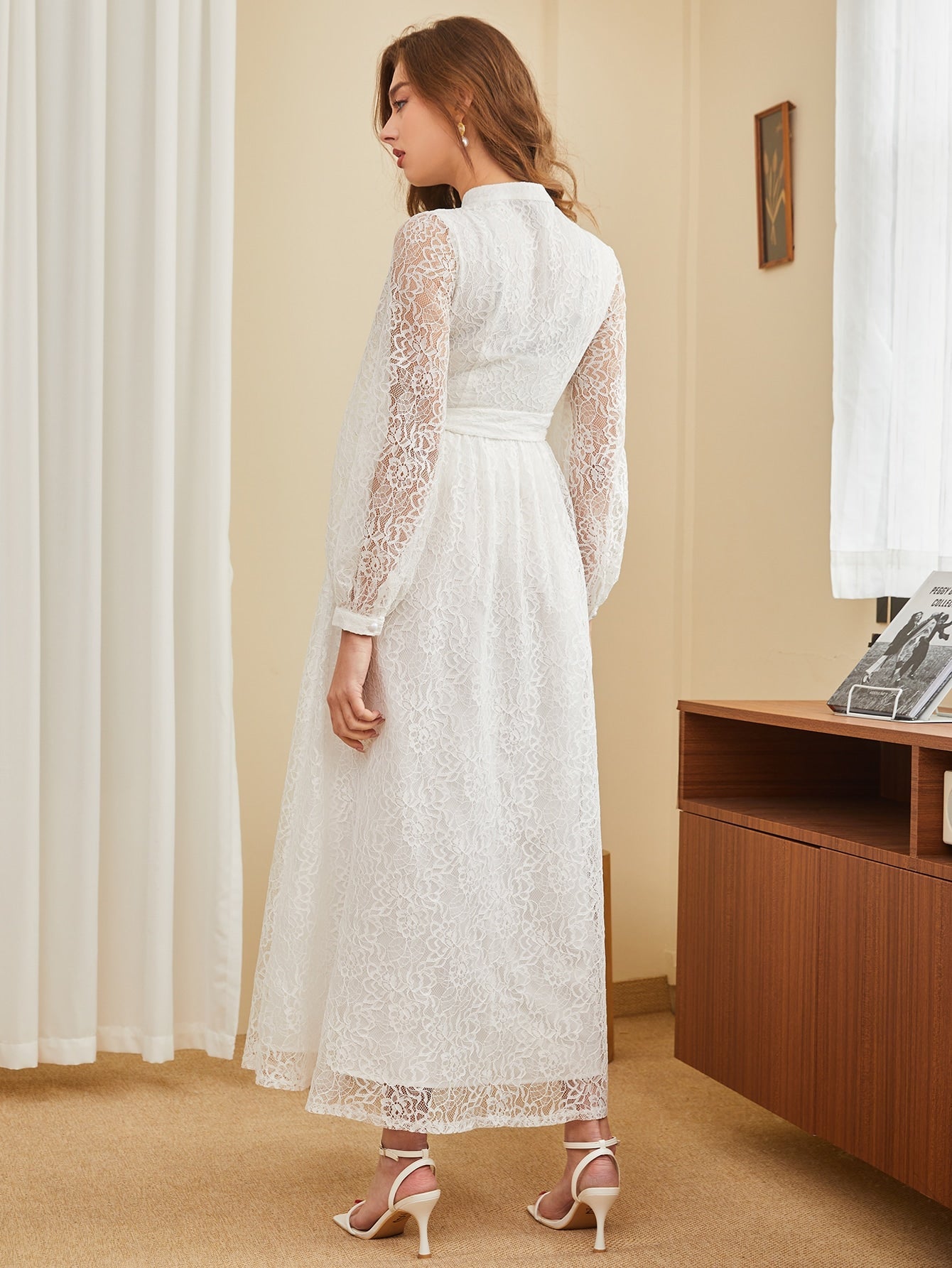 Buy SHEIN Modely Lantern Sleeve Belted Lace Dress in Pakistan