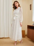 Buy SHEIN Modely Lantern Sleeve Belted Lace Dress in Pakistan
