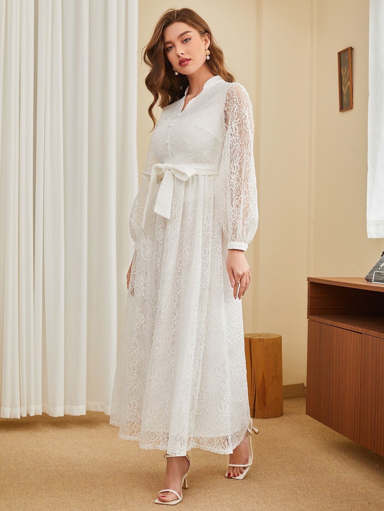 Buy SHEIN Modely Lantern Sleeve Belted Lace Dress in Pakistan